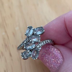 March birthstone! Aquamarine with white zircon In Stirling silver with rhodium.